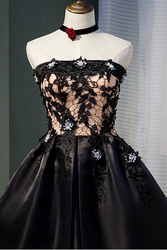Black Strapless Satin Homecoming Dress with Lace, Cheap Graduation Dress with Crystals UQ1980