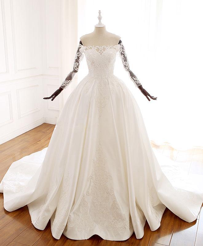 Ball Gown Long Sleeves Wedding Dress with Lace Appliques, Satin Bridal Gown UQ2582