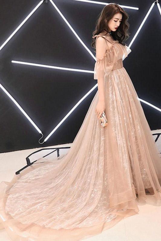 Champagne Charming Straps Flowy Tulle Lace Prom Dress with Train, A Line Evening Dress with Ruffles N2104 cherishgirls Champagne Charming Straps Flowy Tulle Lace Prom Dress with Train, A Line Evening Dress with Ruffles N2104 cherishgirls