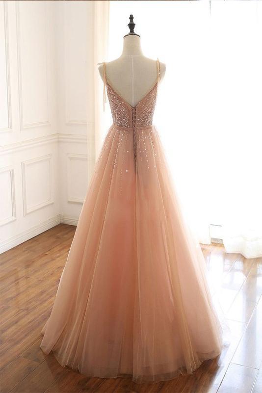 Sexy Straps Sleeveless Long Tulle Prom Dress with Beading, Floor Length Sparkly Evening Dress UQ2592