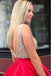 Red V Neck Sleeveless Homecoming Dress, Beading Backless Satin Short Prom Dresses UQ1952