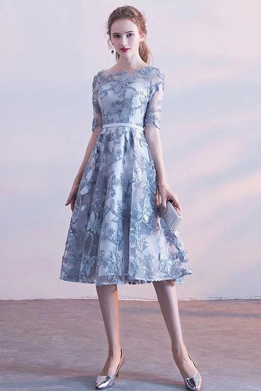 Gray Blue Tulle Lace Short Prom Dress, Half Sleeves Knee Length Homeco cherishgirls Gray Blue Tulle Lace Short Prom Dress, Half Sleeves Knee Length Homeco cherishgirls