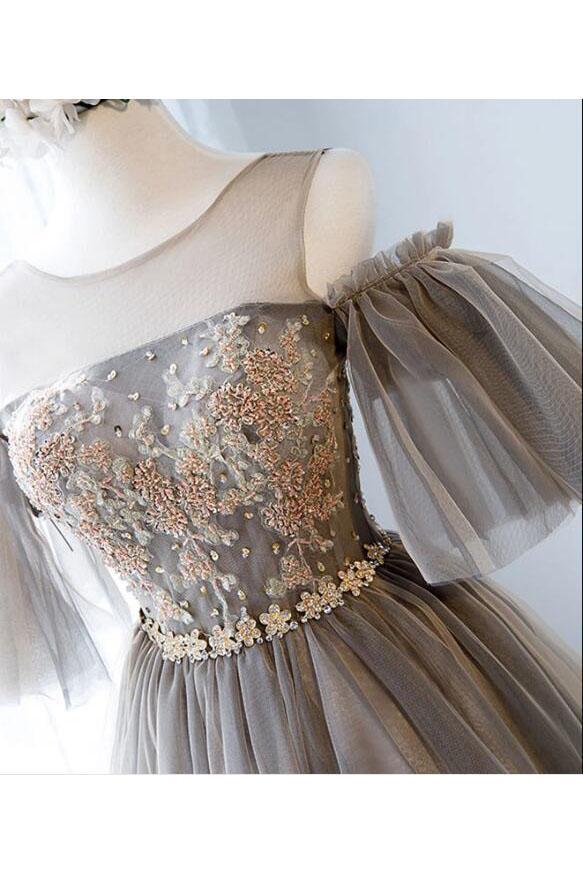 A Line Knee Length Tulle Homecoming Dress with Sleeves, Cute Short Pro cherishgirls A Line Knee Length Tulle Homecoming Dress with Sleeves, Cute Short Pro cherishgirls