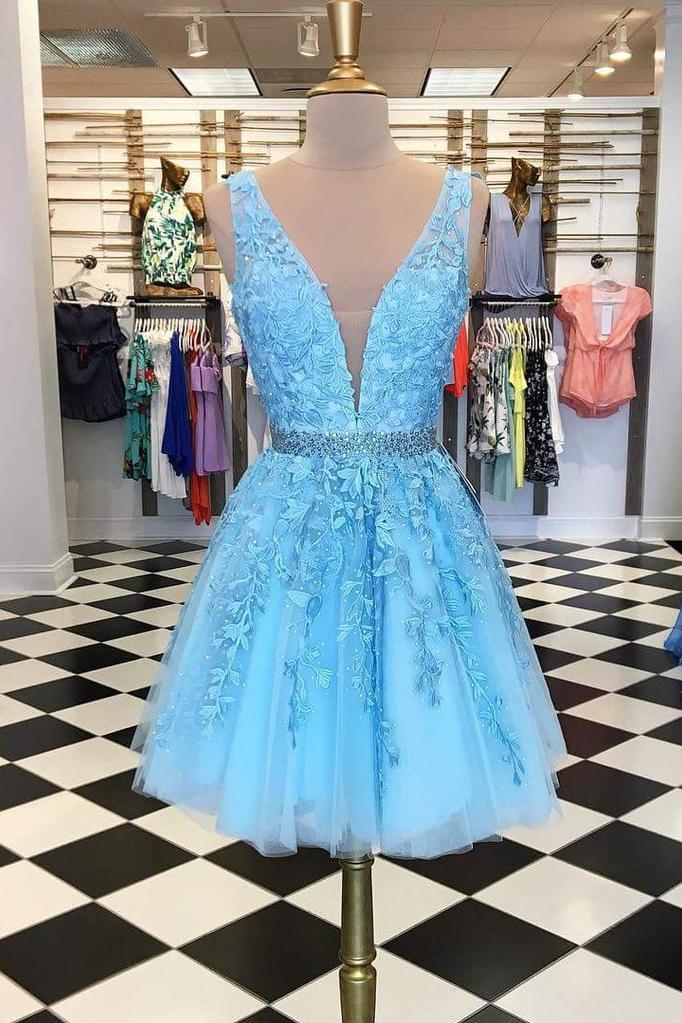 Blue Lace Beaded Sash Sleeveless A Line Sleeveless Tulle Short Homecoming Dresses UQ1827
