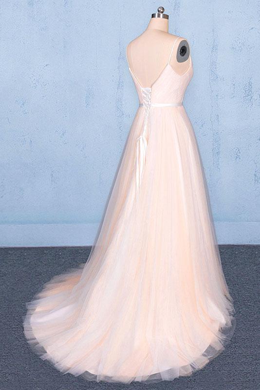 Peach V Neck Sleeveless Tulle A Line Prom Dresses, Straps Tulle Evening Dress UQ2329