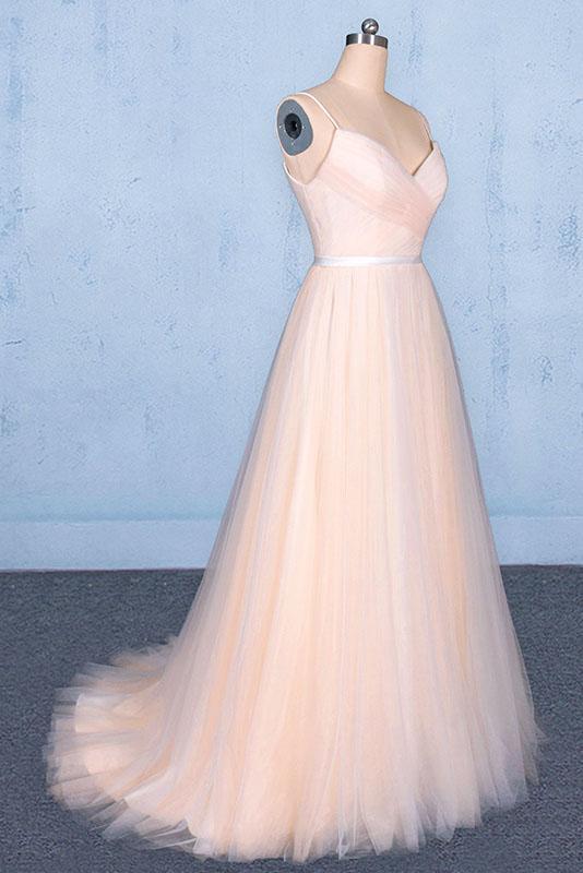Peach V Neck Sleeveless Tulle A Line Prom Dresses, Straps Tulle Evening Dress UQ2329