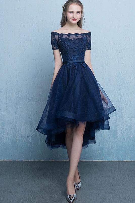 Dark Blue Off the Shoulder Tulle Homecoming Dress with Lace Appliques UQ1725