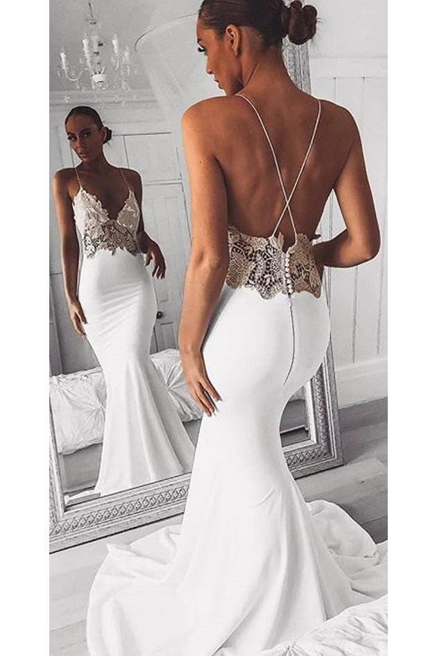Sexy Spaghetti Straps Mermaid Beach Wedding Dresses, Long Prom Dress with Lace UQ1789