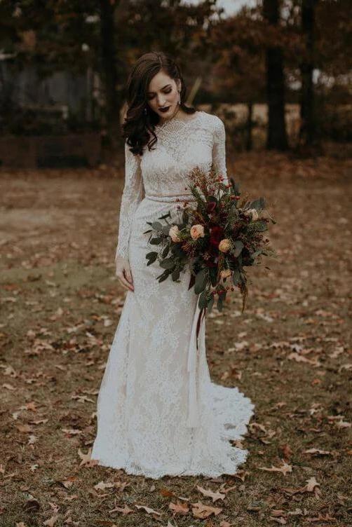 wedding dress lace long sleeve Vintage Long Sleeves Lace Wedding Dresses Backless Rustic Lace Wedding – cherishgirls