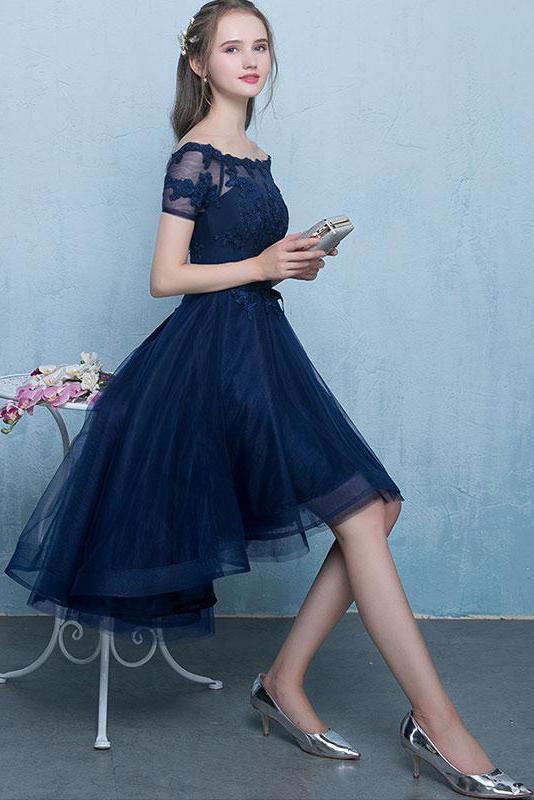 Dark Blue Off the Shoulder Tulle Homecoming Dress with Lace Appliques UQ1725