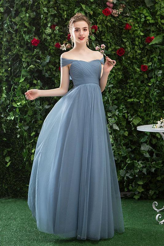 Cheap Off Shoulder Tulle Long Prom Dress with Short Sleeves,  Simple Bridesmaid Dresses N2323