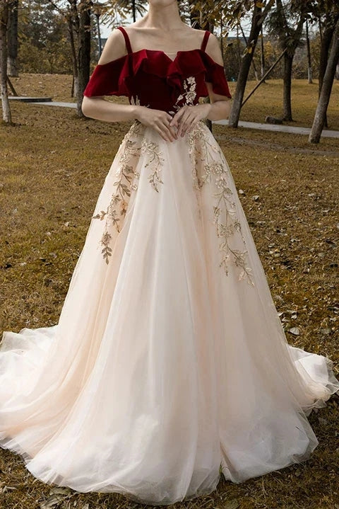 Red Straps Tulle Formal Dress,Vintage Applique Prom Dress,Formal Evening Gown CHP0160 Red Straps Tulle Formal Dress,Vintage Applique Prom Dress,Formal Evening Gown CHP0160