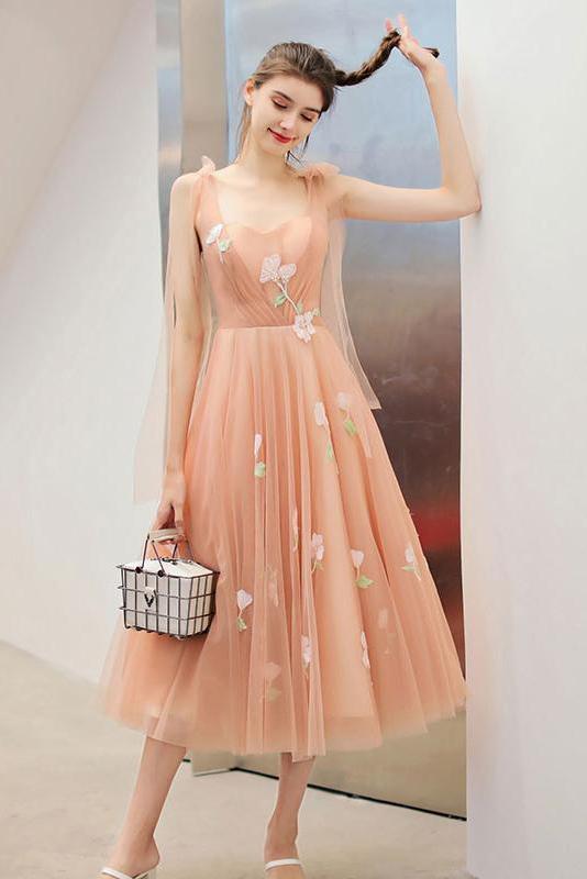 Tea Length Unique Graduation Dress with Appliques, A Line Tulle Homecoming Dresses UQ1847