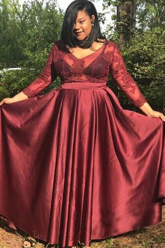 A Line V Neck Satin Prom Dress with 3/4 Sleeves, Floor Length Applique cherishgirls A Line V Neck Satin Prom Dress with 3/4 Sleeves, Floor Length Applique cherishgirls
