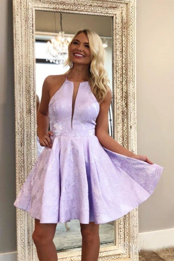 Lilac Jacquard Floral Homecoming Dresses with Pocket Halter Short Graduation Dress UQ2179