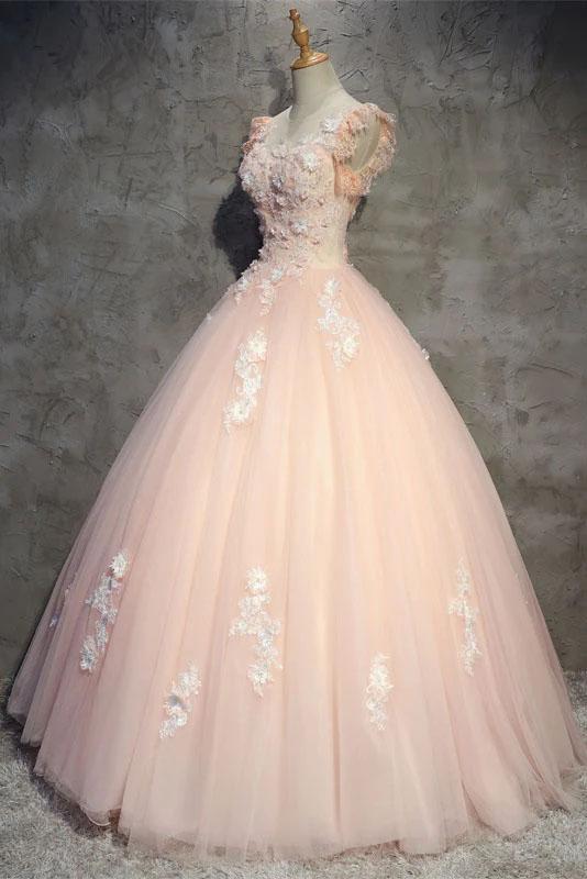 Light Peach Tulle Long Prom Dress with Flowers, Princess Ball Gown Sheer Neck Party Dress UQ2202