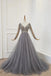 A Line V Neck Long Sleeves Tulle Gray Prom Dress with Beading, Cheap Party Dresses N2576