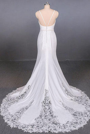Simple Mermaid Sleeveless Wedding Dress with Lace, Sexy Backless Bridal Dress UQ2355