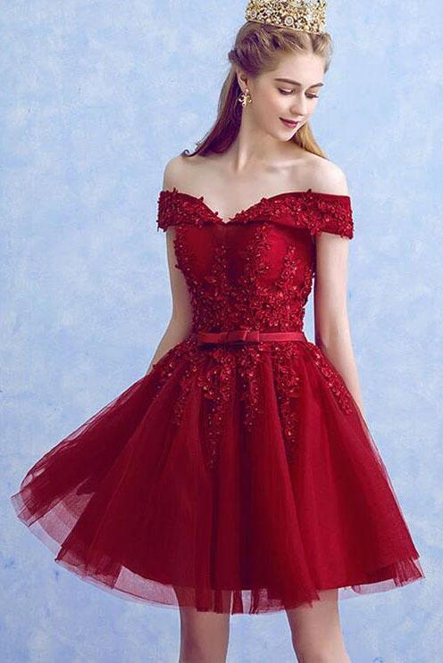 Burgundy Lace Tulle Short Prom Dress, Burgundy Off the Shoulder Lace Homecoming Dress UQ2195