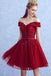 Burgundy Lace Tulle Short Prom Dress, Burgundy Off the Shoulder Lace Homecoming Dress UQ2195