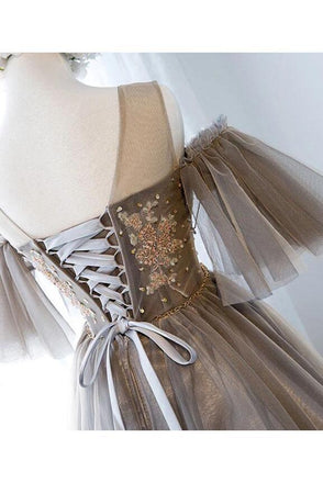 A Line Knee Length Tulle Homecoming Dress with Sleeves, Cute Short Prom Gown UQ2189