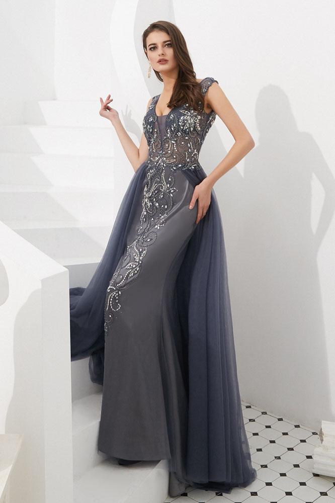 Luxury Gray V Neck Sleeveless Tulle Long Prom Dress with Beads Crystal UQ2283