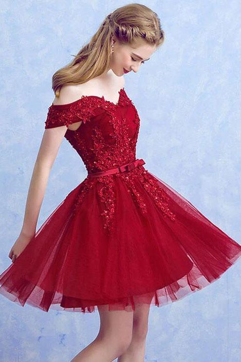 Burgundy Lace Tulle Short Prom Dress, Burgundy Off the Shoulder Lace Homecoming Dress N2195