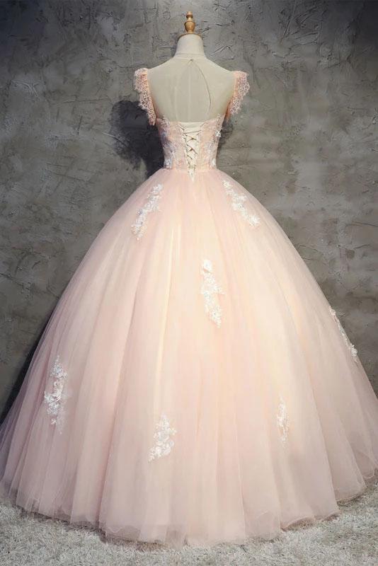 Light Peach Tulle Long Prom Dress with Flowers, Princess Ball Gown Sheer Neck Party Dress UQ2202