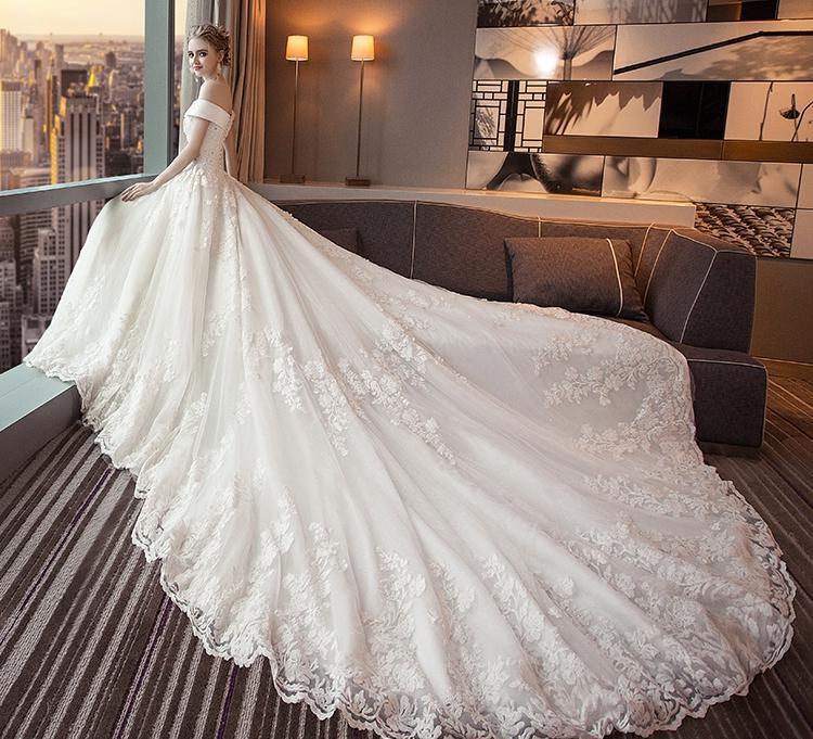 Gorgeous Off the Shoulder Lace Long Train Wedding Dresses, Princess Bridal Dresses UQ2581