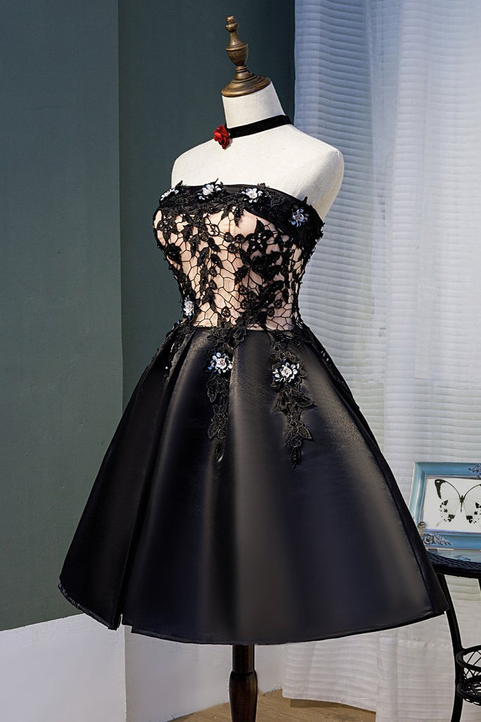 Black Strapless Satin Homecoming Dress with Lace, Cheap Graduation Dress with Crystals UQ1980