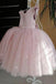 Pink Ball Gown Cap Sleeves Tulle Flower Girl Dress, Floor Length Children Dress UQF0002