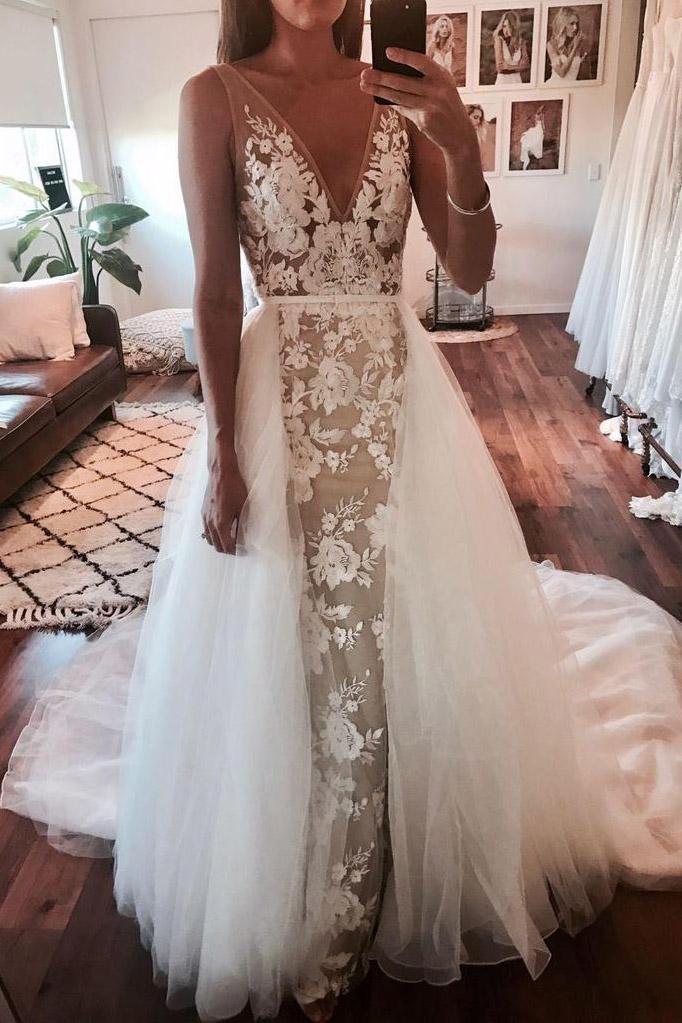 Ivory V Neck  Sleeveless Tulle Bridal Dress A Line  Wedding Dresses With Lace Applique chw0020