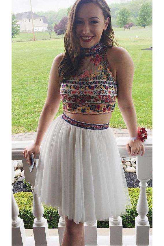 White Two Piece Embroidery High Neck Graduation Dresses, Tulle Homecom cherishgirls White Two Piece Embroidery High Neck Graduation Dresses, Tulle Homecom cherishgirls