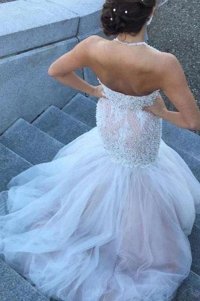 Gorgeous Halter Mermaid Beading Wedding Dresses, Beaded Backless Mermaid Bridal Dress UQ2400