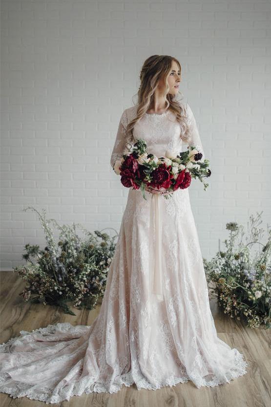 A Line Long Sleeve Lace Wedding Dresses Plus Size Rustic Weddi – cherishgirls