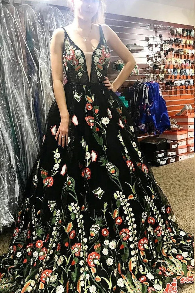 Beautiful Deep V Neck Sleeveless Black Long Prom Dress with Flowers, U cherishgirls Beautiful Deep V Neck Sleeveless Black Long Prom Dress with Flowers, U cherishgirls