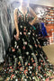 Beautiful Deep V Neck Sleeveless Black Long Prom Dress with Flowers, Unique Formal Dress UQ2063