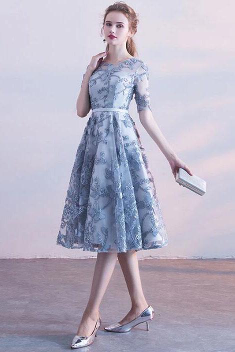 Gray Blue Tulle Lace Short Prom Dress, Half Sleeves Knee Length Homeco cherishgirls Gray Blue Tulle Lace Short Prom Dress, Half Sleeves Knee Length Homeco cherishgirls