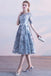 Gray Blue Tulle Lace Short Prom Dress, Half Sleeves Knee Length Homecoming Dresses N2193