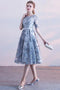 Gray Blue Tulle Lace Short Prom Dress, Half Sleeves Knee Length Homecoming Dresses UQ2193
