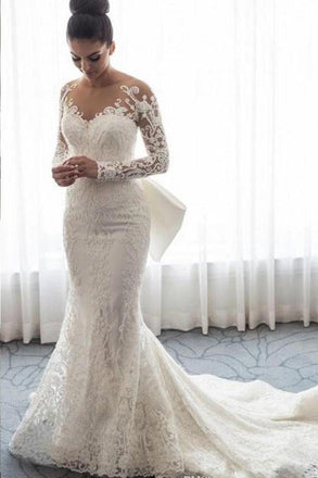 Gorgeous Lace Wedding Dress with Long Sleeves, Bowknot Mermaid Bridal Dresses UQ1765