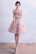 Pink Sweetheart Tulle Homecoming Dress with Ribbon, Short Prom Dress with Beads UQ1728