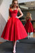 Red Straps Tea Length Satin Homecoming Dresses, A Line Sleeveless Graduation Dresses UQ2173