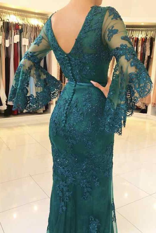 White V Neck Long Prom Dress, Mermaid Lace Appliqued Evening Dress with Sleeves UQ2026