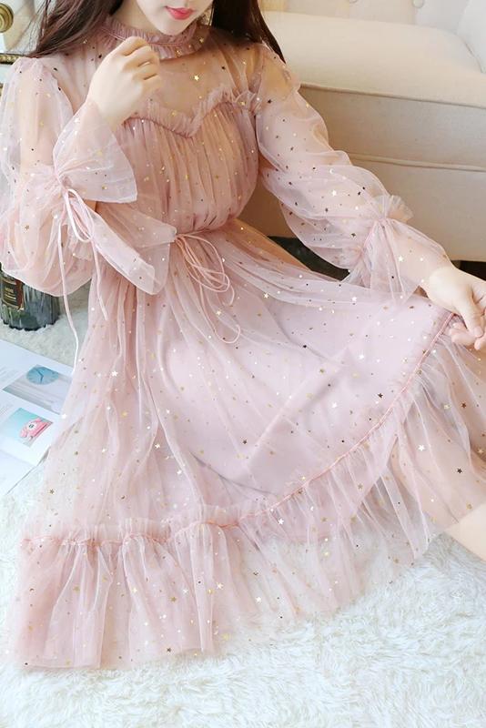 short pink puff sleeve tulle dress Sparkly Star Long Sleeves Tulle Homecoming Dresses, Charming Short Pro – cherishgirls