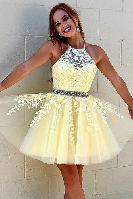Daffodil Halter Homecoming Dress with Lace Appliques, A Line Graduatio cherishgirls Daffodil Halter Homecoming Dress with Lace Appliques, A Line Graduatio cherishgirls