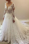 Elegant Beading Lace Long Sleeve Sheer Neck Ball Gown Wedding Dresses UQ1796