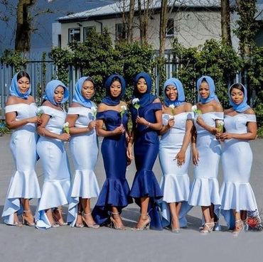 Light Blue Off the Shoulder Mermaid Bridesmaid Dress with Ruffles chb0023