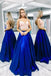 Two Pieces Royal Blue Satin Prom Dresses, Spaghetti Strap Long Party Dress with Lace N2476