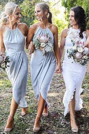 Grey-blue Halter Chiffon Tea-Length Bridesmaid Dresses, Cheap Wedding Party Dress chb0022